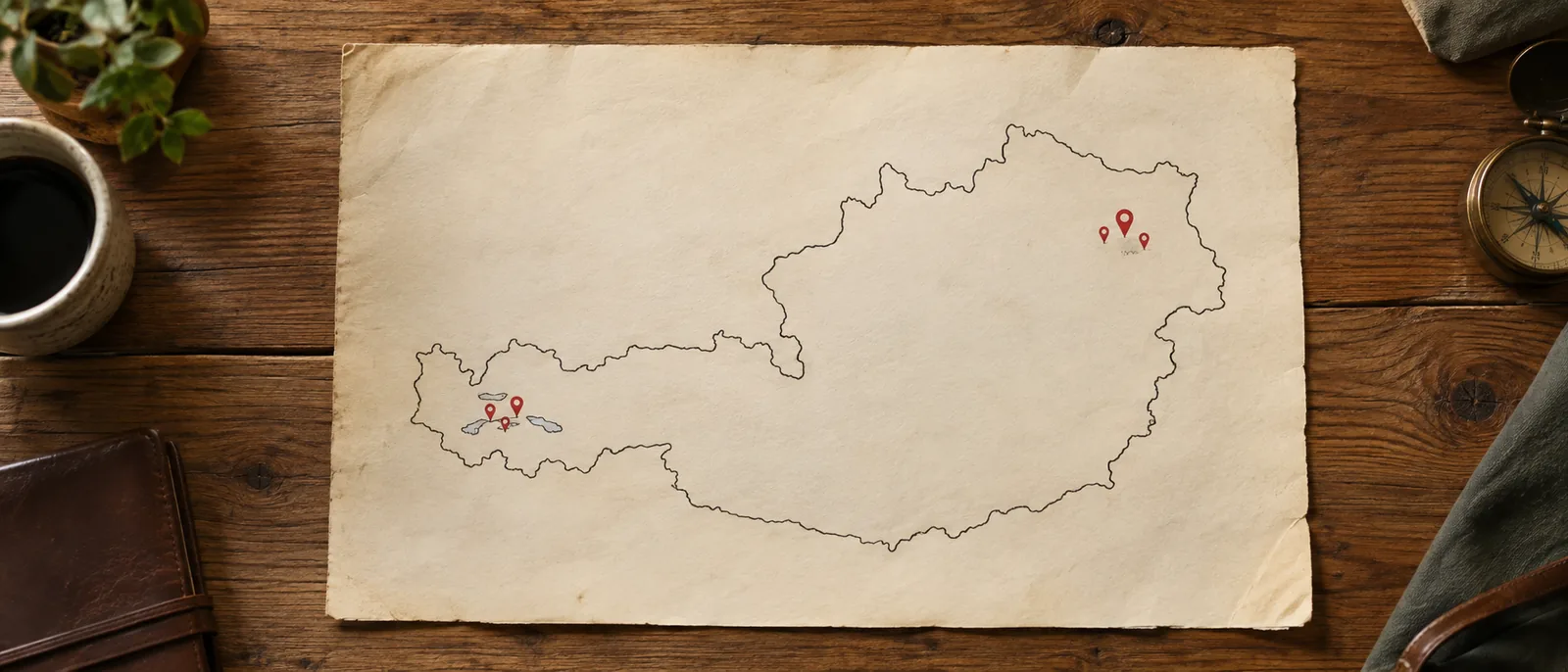Eine handgezeichnete Kartenskizze von Österreich mit zwei Gruppen kleiner Ortsmarkierungen, auf gealtertem Papier
