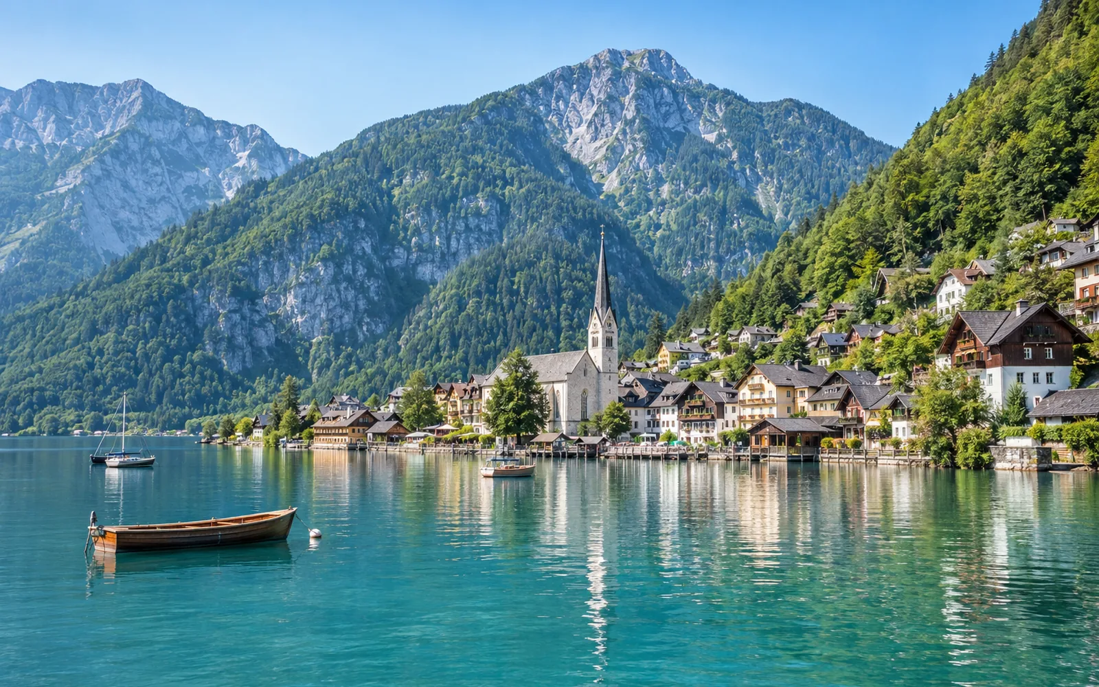 Das Dorf Hallstatt am Ufer des türkisfarbenen Hallstätter Sees, umgeben von steilen Bergen