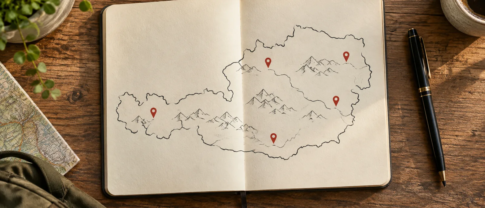 Ein aufgeschlagenes Notizbuch mit einer handgezeichneten Österreich-Kartenskizze und einem daneben liegenden Stift