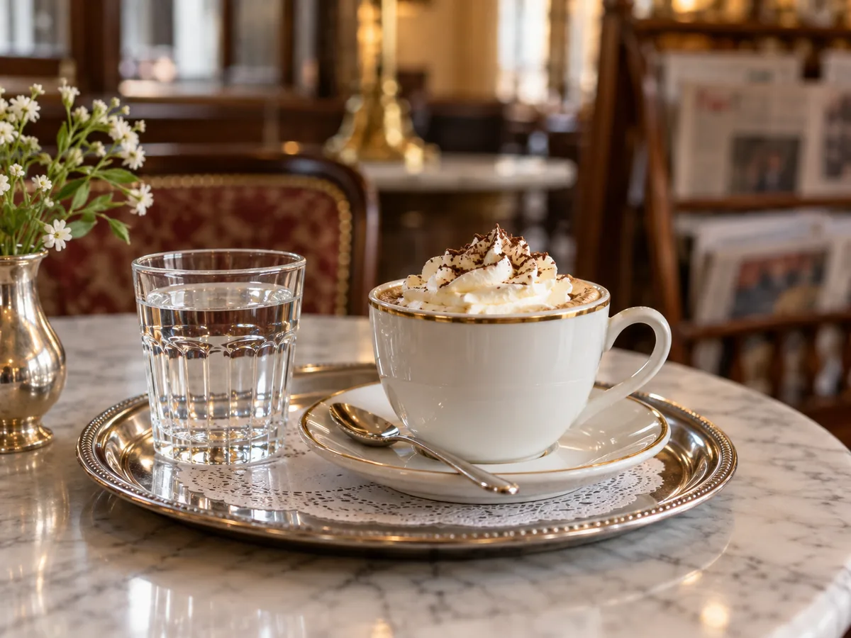Eine Tasse Kaffee auf einem Silbertablett mit Glas Wasser auf einem Marmortisch, im Hintergrund ein Zeitungsständer