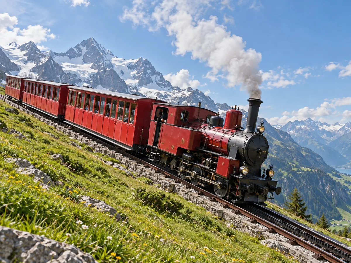 Die historische Schafbergbahn, eine dampfbetriebene Zahnradbahn, auf ihrer steilen Bergstrecke