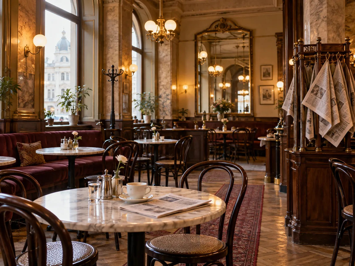 Ein klassisches Wiener Kaffeehaus mit Marmortischen, Thonet-Stühlen und Zeitungshaltern