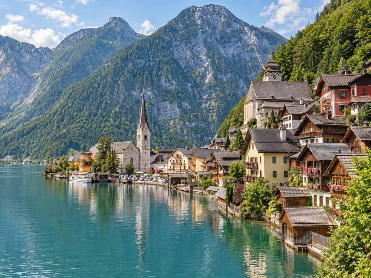 Das UNESCO-Welterbedorf Hallstatt am Seeufer, mit Kirchturm und Bergkulisse