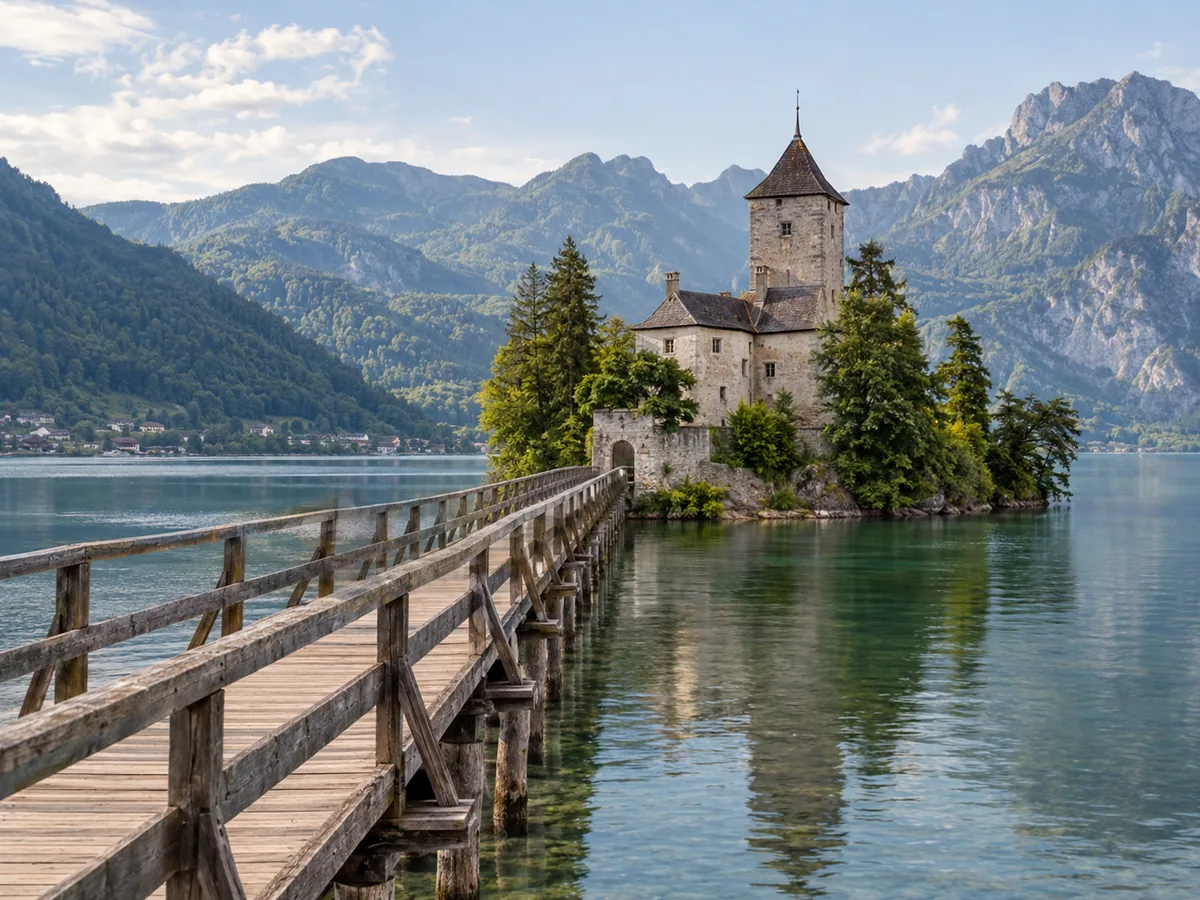 Schloss Ort auf seiner kleinen Insel im Traunsee, verbunden durch eine Holzbrücke
