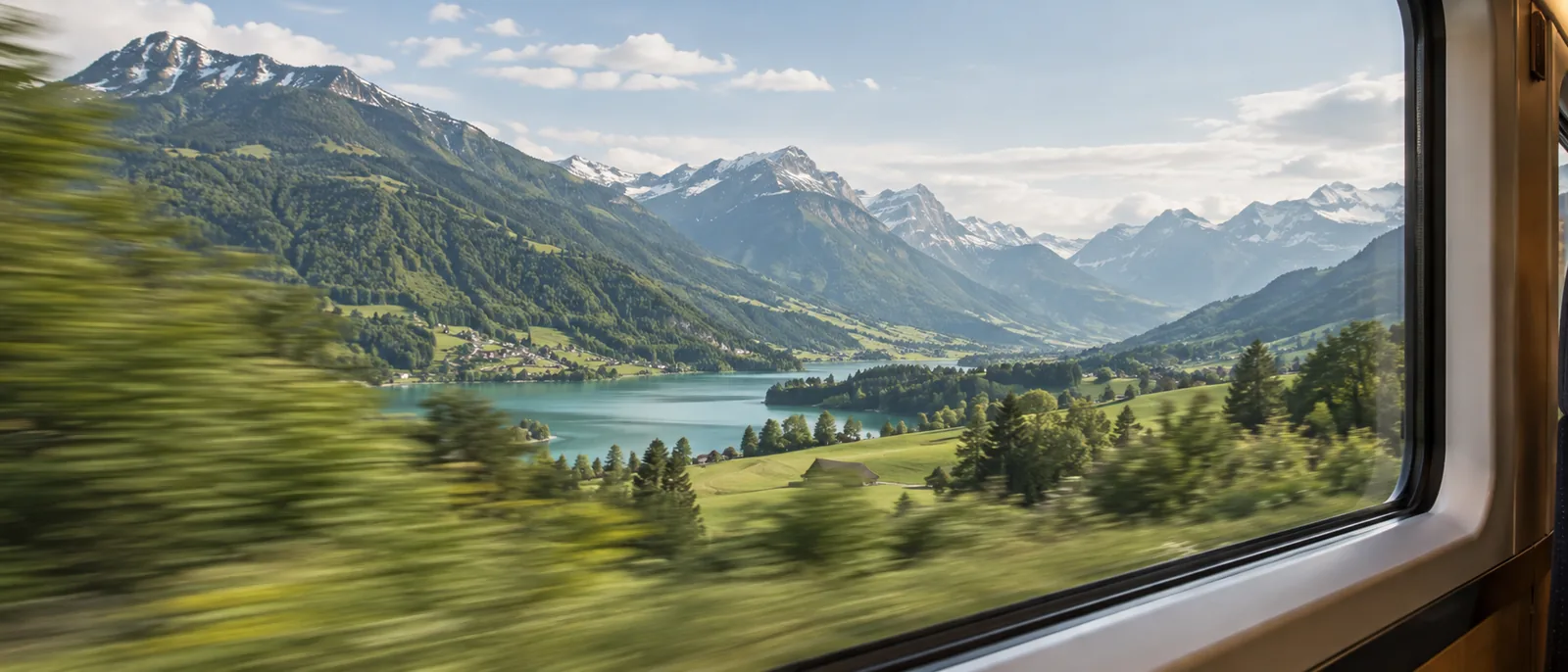 Blick aus einem Zugfenster auf die österreichische Berglandschaft entlang der Salzkammergutbahn