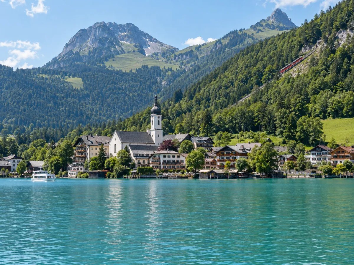Der Wolfgangsee mit dem Ort St. Wolfgang und der Bergkulisse des Schafbergs
