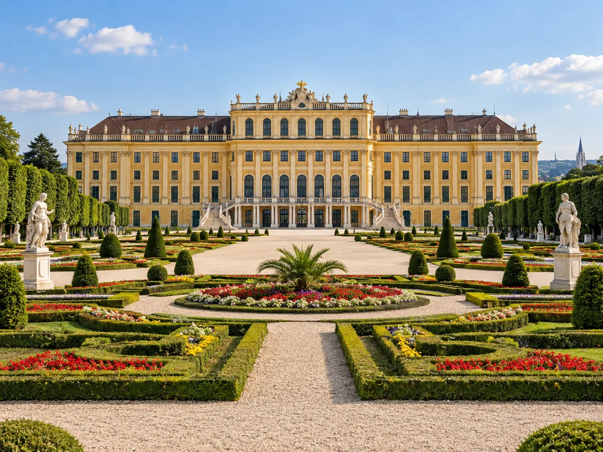 Die gelbe Fassade von Schloss Schönbrunn mit dem barocken Garten im Vordergrund