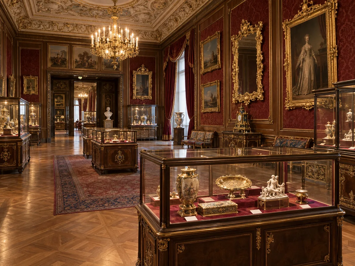 Ein Ausstellungsraum des Sisi Museums in der Wiener Hofburg mit historischen Vitrinen