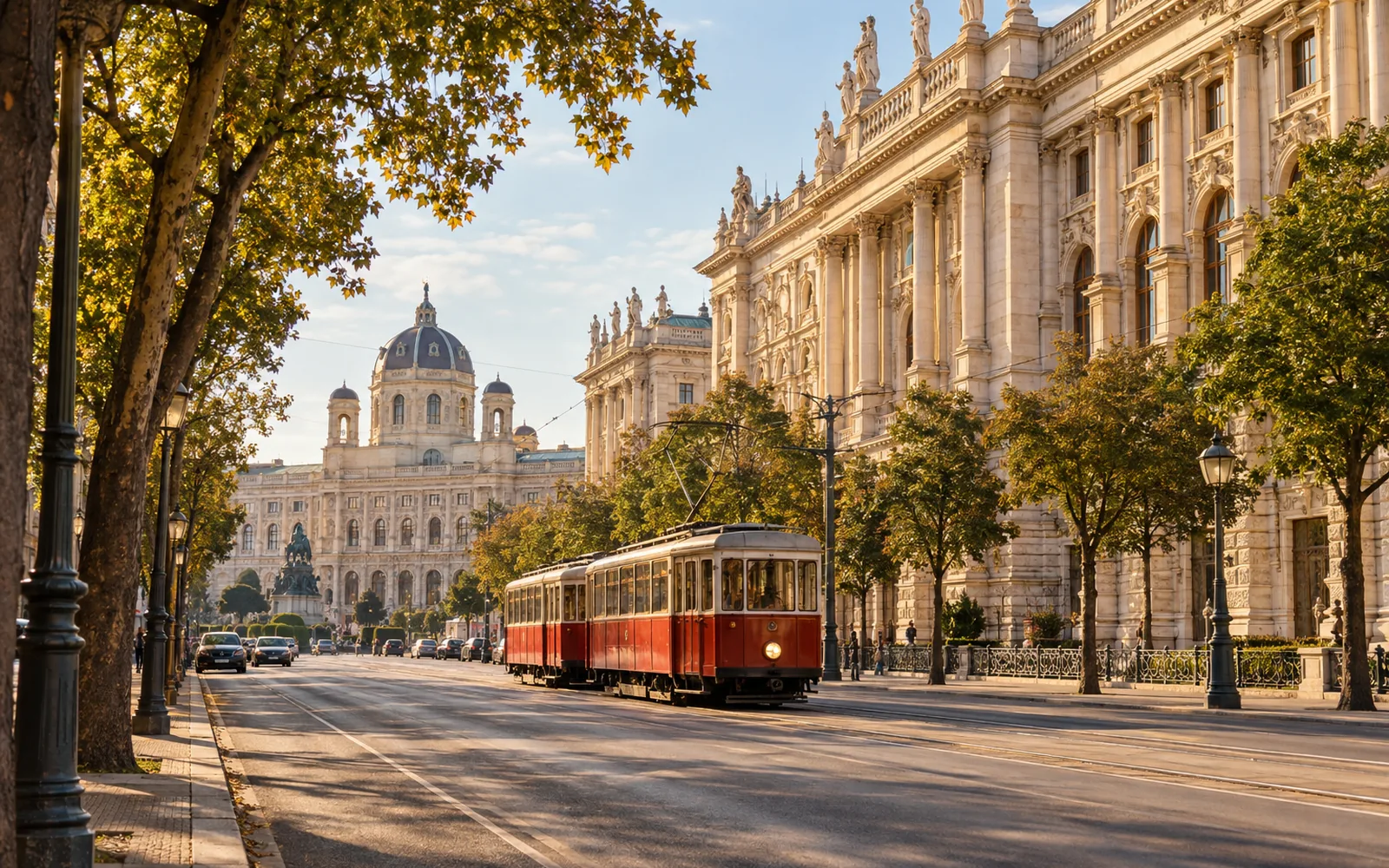 Blick auf die Wiener Ringstraße mit historischen Fassaden und Straßenbahn