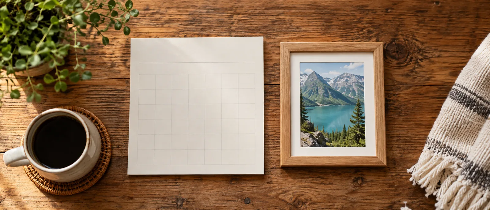 Ein Kalenderblatt neben einem kleinen Alpen-Landschaftsfoto, flach von oben fotografiert