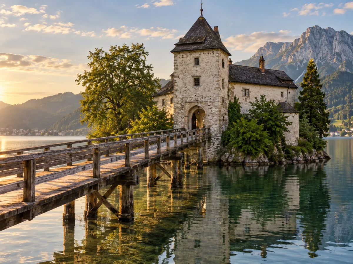 Schloss Ort auf seiner kleinen Insel im Traunsee, mit der hölzernen Zugangsbrücke