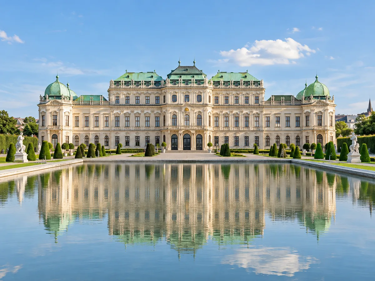 Das Obere Belvedere mit seinen grünen Kuppeln und dem Wasserspiegel im Garten