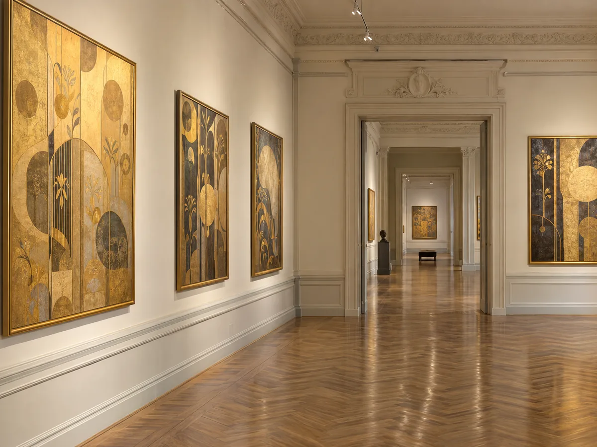 Ein Ausstellungssaal im Oberen Belvedere mit Gemälden von Gustav Klimt