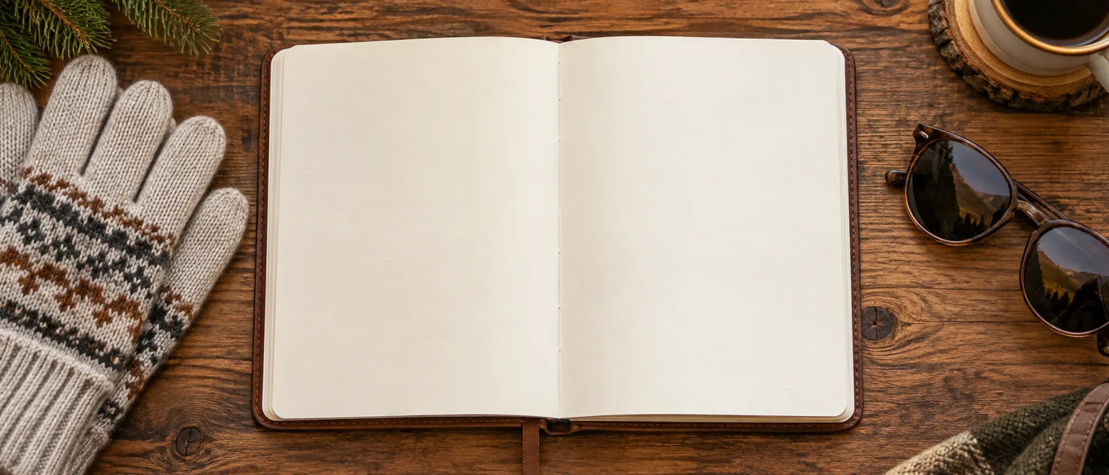 Ein aufgeschlagenes Reisenotizbuch auf einem Holztisch, mit Handschuhen auf der einen und einer Sonnenbrille auf der anderen Seite